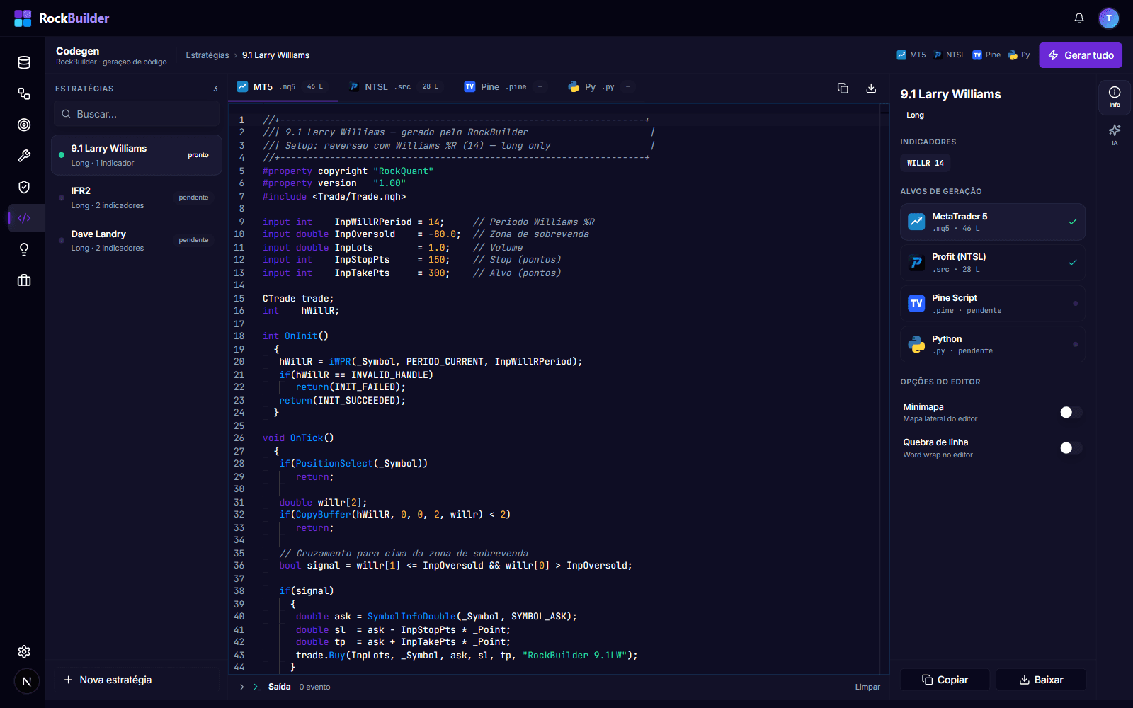 Codegen do RockBuilder: editor Monaco com código MQL5 gerado da estratégia 9.1 Larry Williams e abas para MT5, NTSL, Pine e Python.